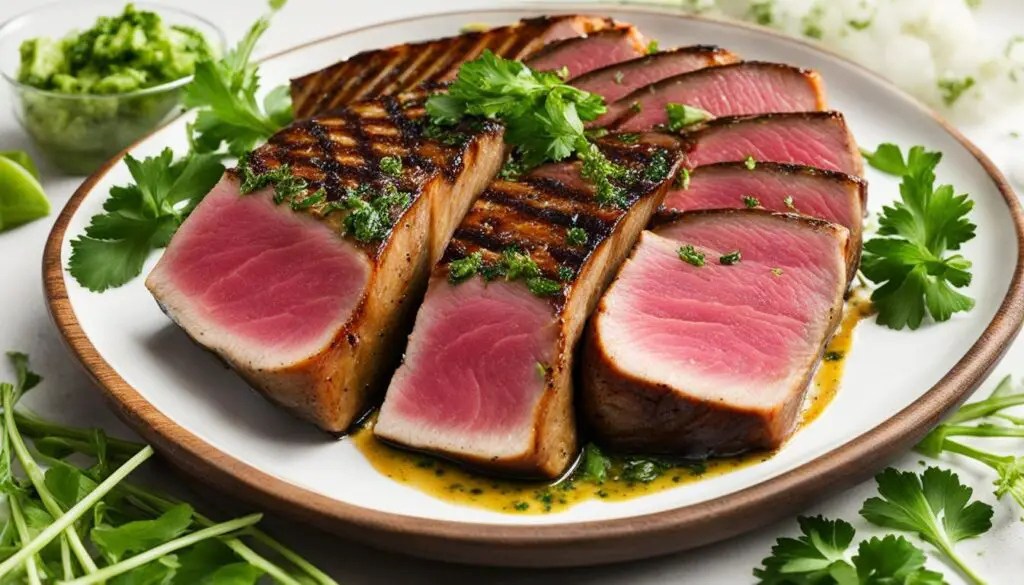 Seared Tuna Steak with Garlic Herb Sauce